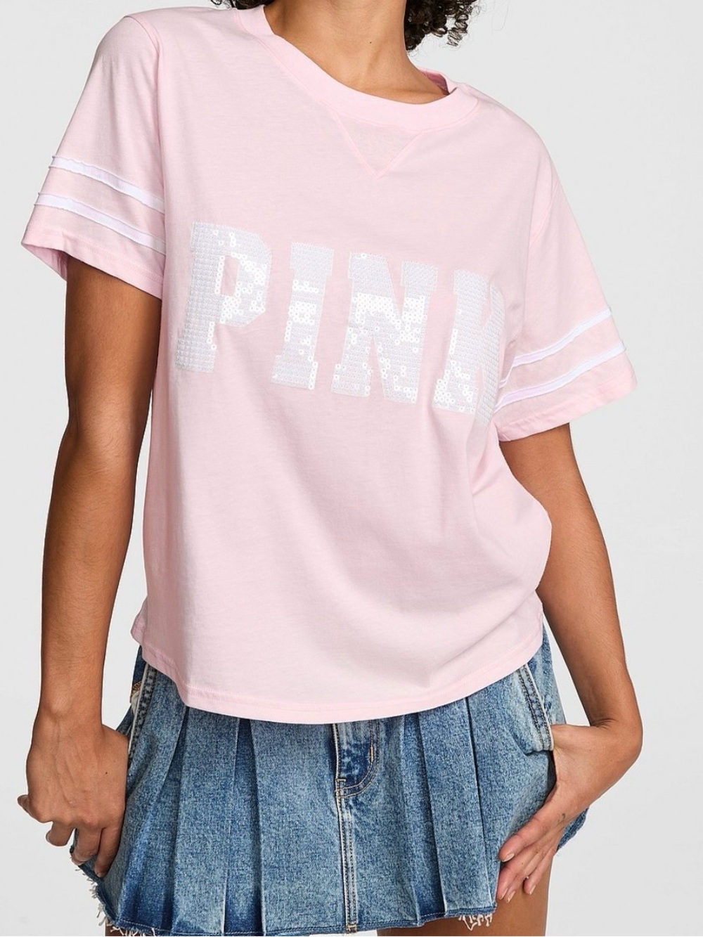 PINK Victoria's Secret Pale Pink Sequin Logo Sleeve-Striped Tee